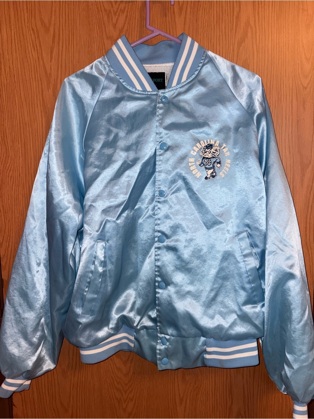 Light Blue Satin Bomber Jacket with Striped Trim